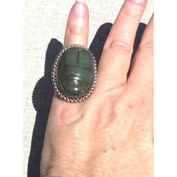Artisan Jewelry - Vintage Green Scarab Ring Sterling Silver Beaded Size 6 Intricate  Statement